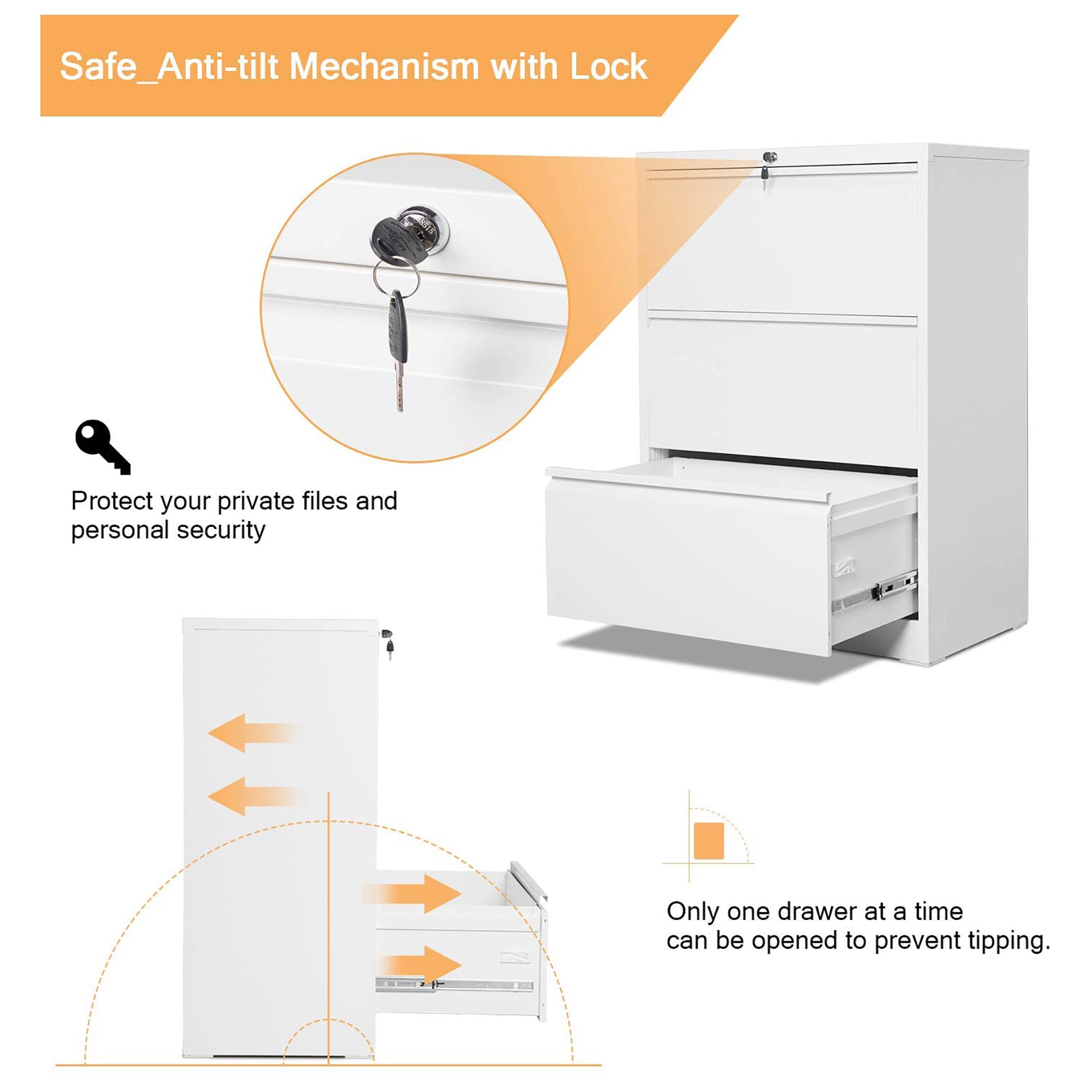 AOBABO 3 Drawer Lateral File Cabinet with Lock for Letter Sized Paper, White - VMInnovations