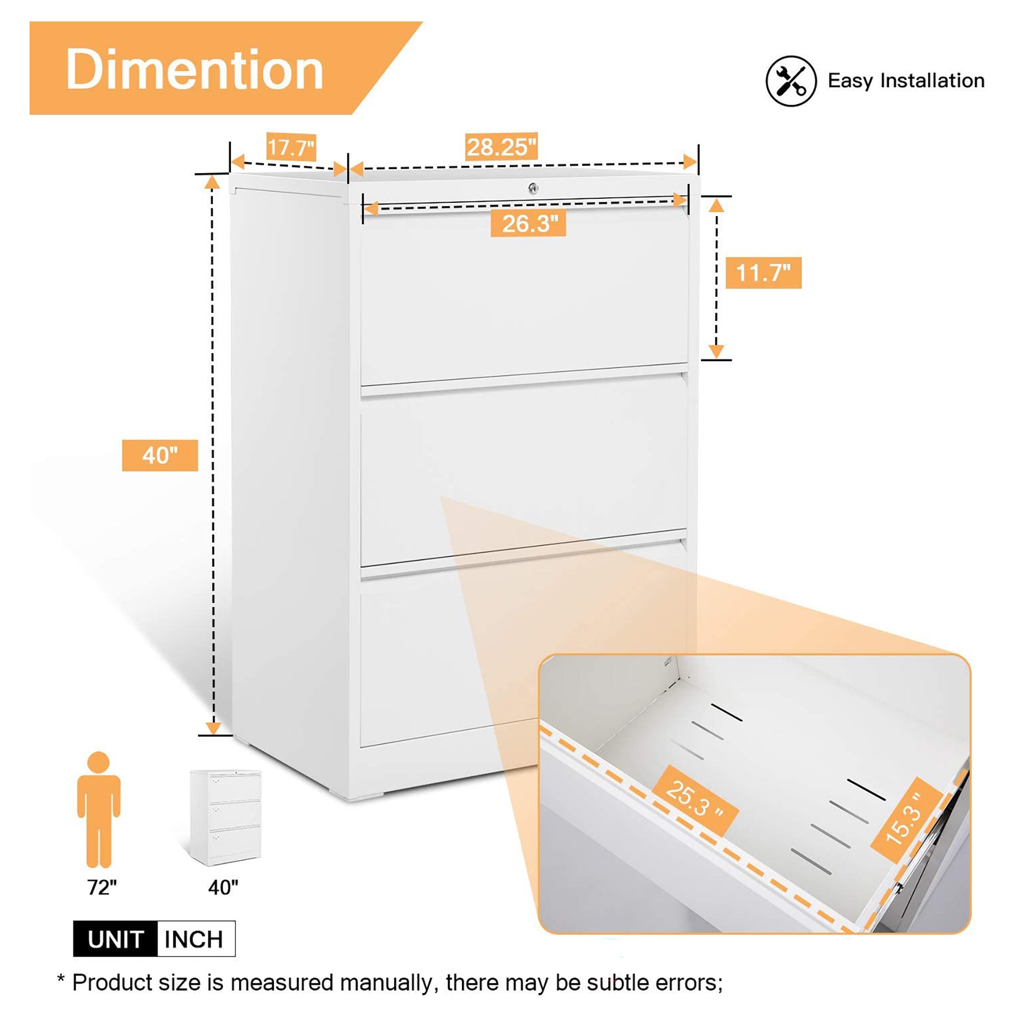 AOBABO 3 Drawer Lateral File Cabinet with Lock for Letter Sized Paper, White - VMInnovations