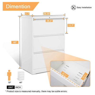 AOBABO 3 Drawer Lateral File Cabinet with Lock for Letter Sized Paper, White - VMInnovations
