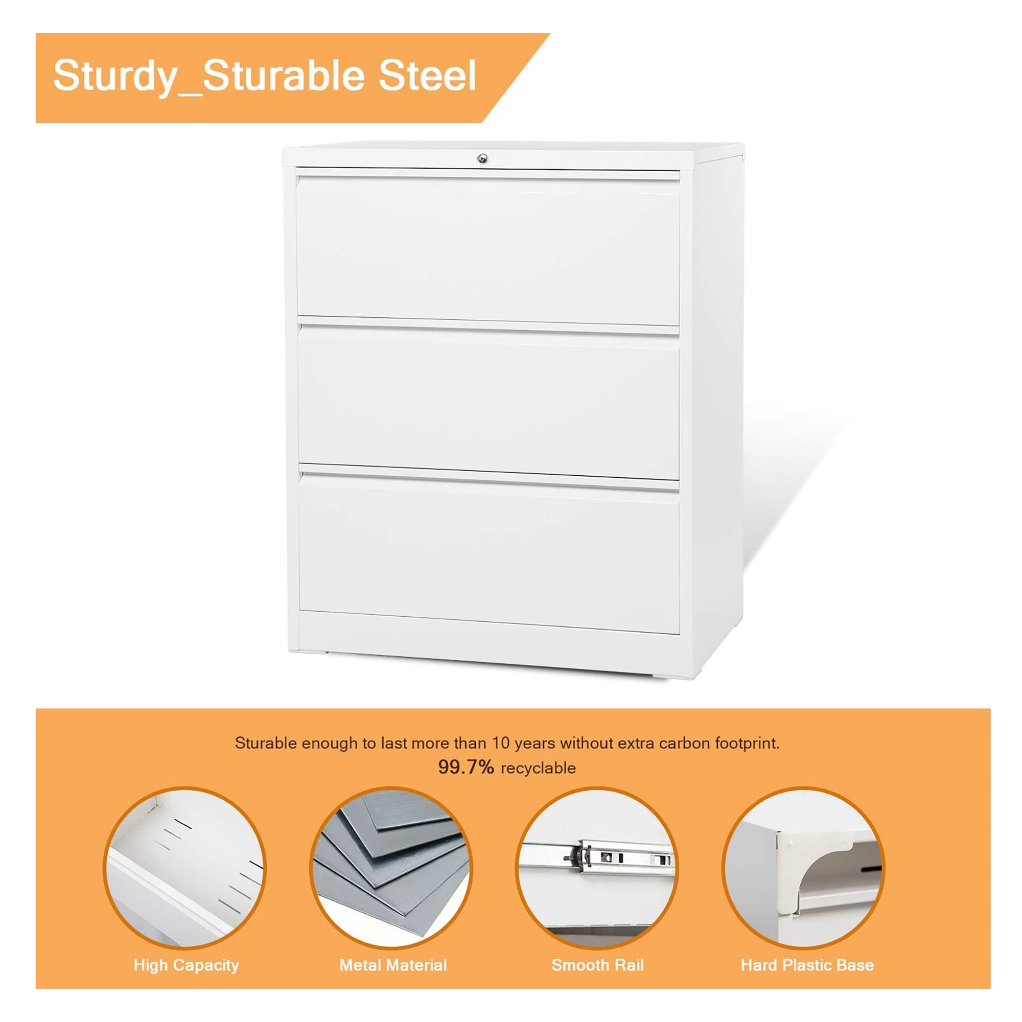 AOBABO 3 Drawer Lateral File Cabinet with Lock for Letter Sized Paper, White - VMInnovations