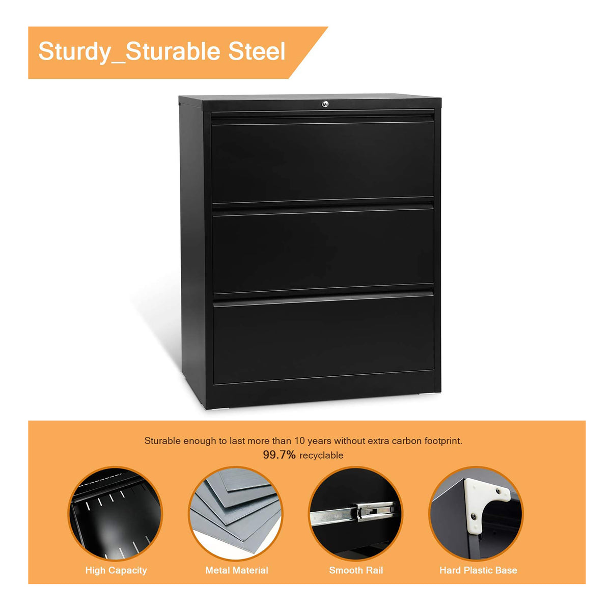 AOBABO 3 Drawer File Cabinet w/ Lock for Letter/Legal Size Paper (Open Box)