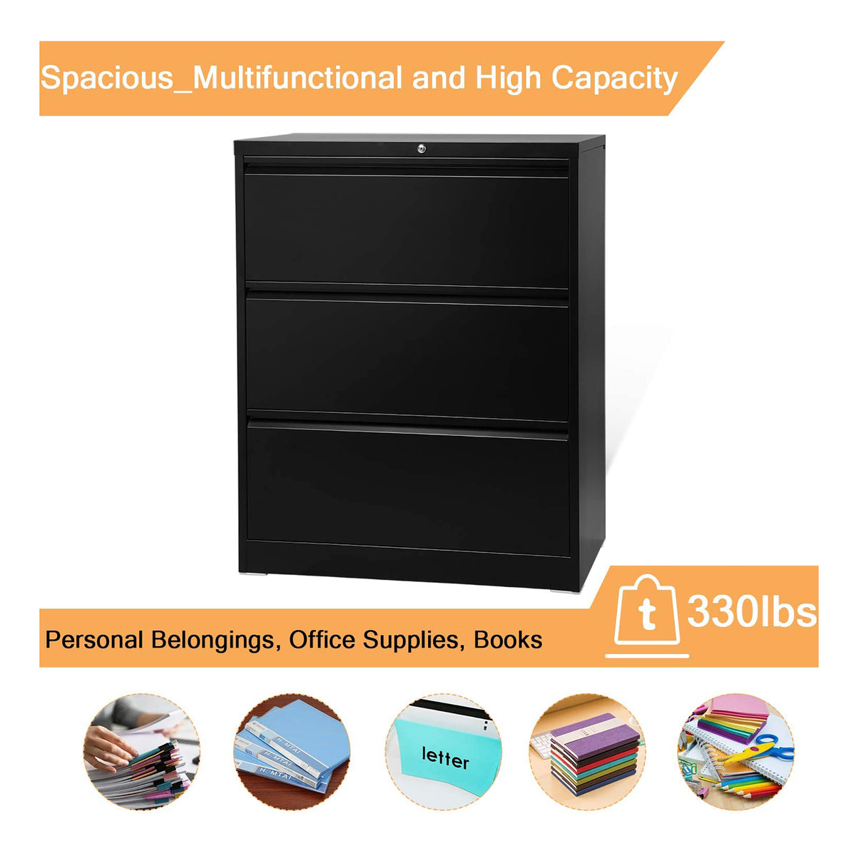 AOBABO 3 Drawer File Cabinet w/ Lock for Letter/Legal Size Paper (Open Box)