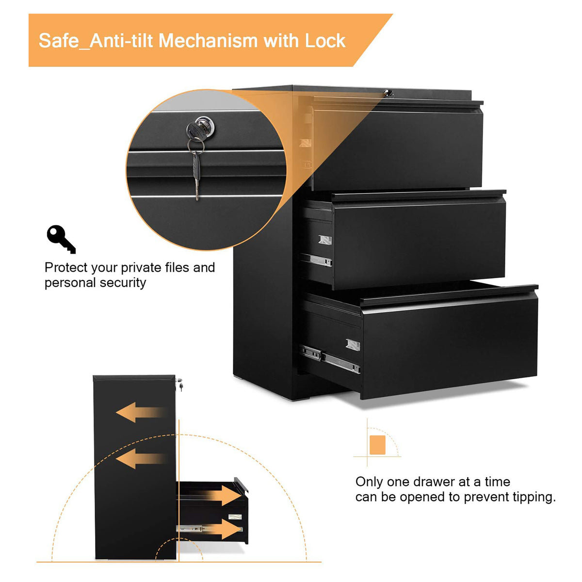 AOBABO 3 Drawer File Cabinet w/ Lock for Letter/Legal Size Paper (Open Box)