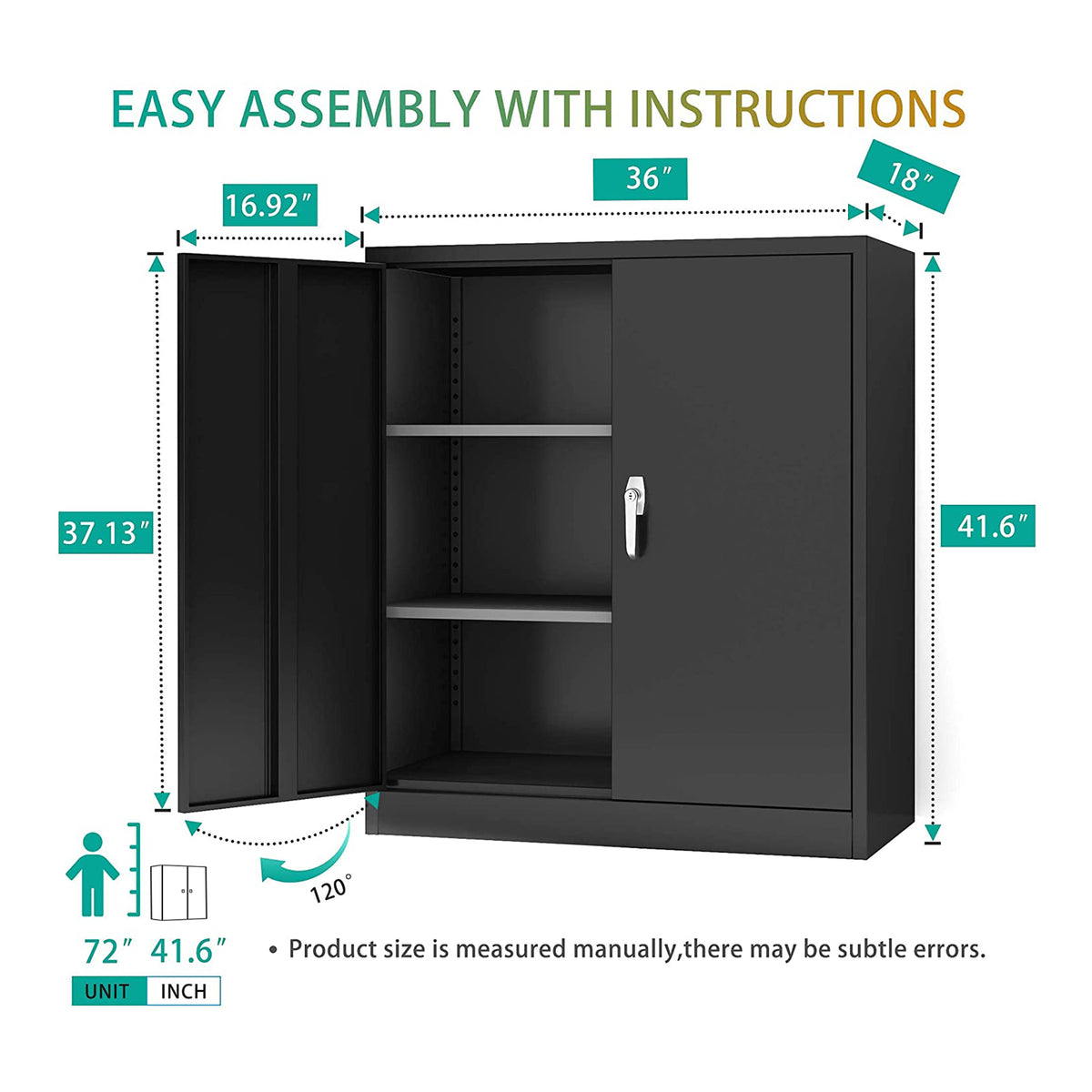 Aobabo 41.6 Inch Locking Metal Storage Cabinet with 2 Shelves, Black (Open Box)