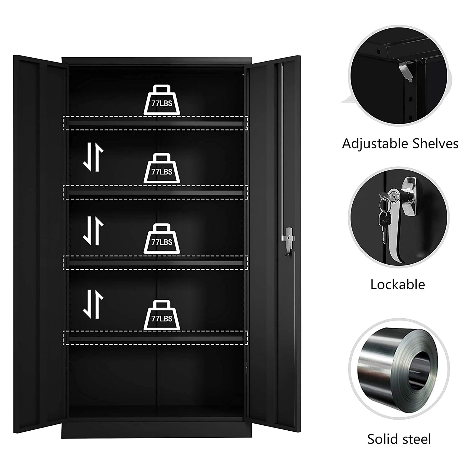 Aobabo 72 Inch Locking Metal Storage Cabinet with 4 Adjustable Shelves, Black
