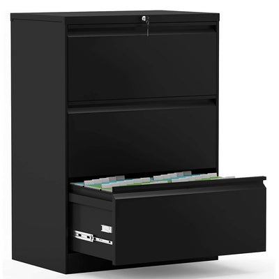 AOBABO 3 Drawer Lateral File Cabinet w/ Lock for Letter/Legal Size Paper, Black