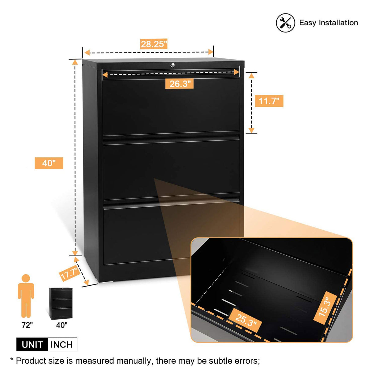 AOBABO 3 Drawer Lateral File Cabinet w/ Lock for Letter/Legal Size Paper, Black