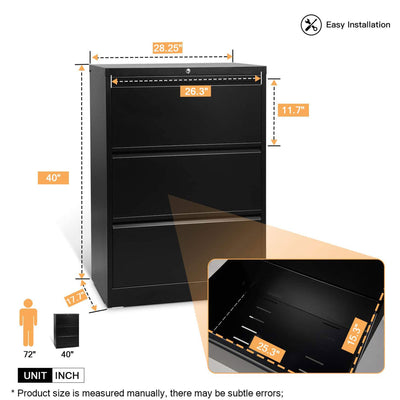 AOBABO 3 Drawer Lateral File Cabinet w/ Lock for Letter/Legal Size Paper, Black