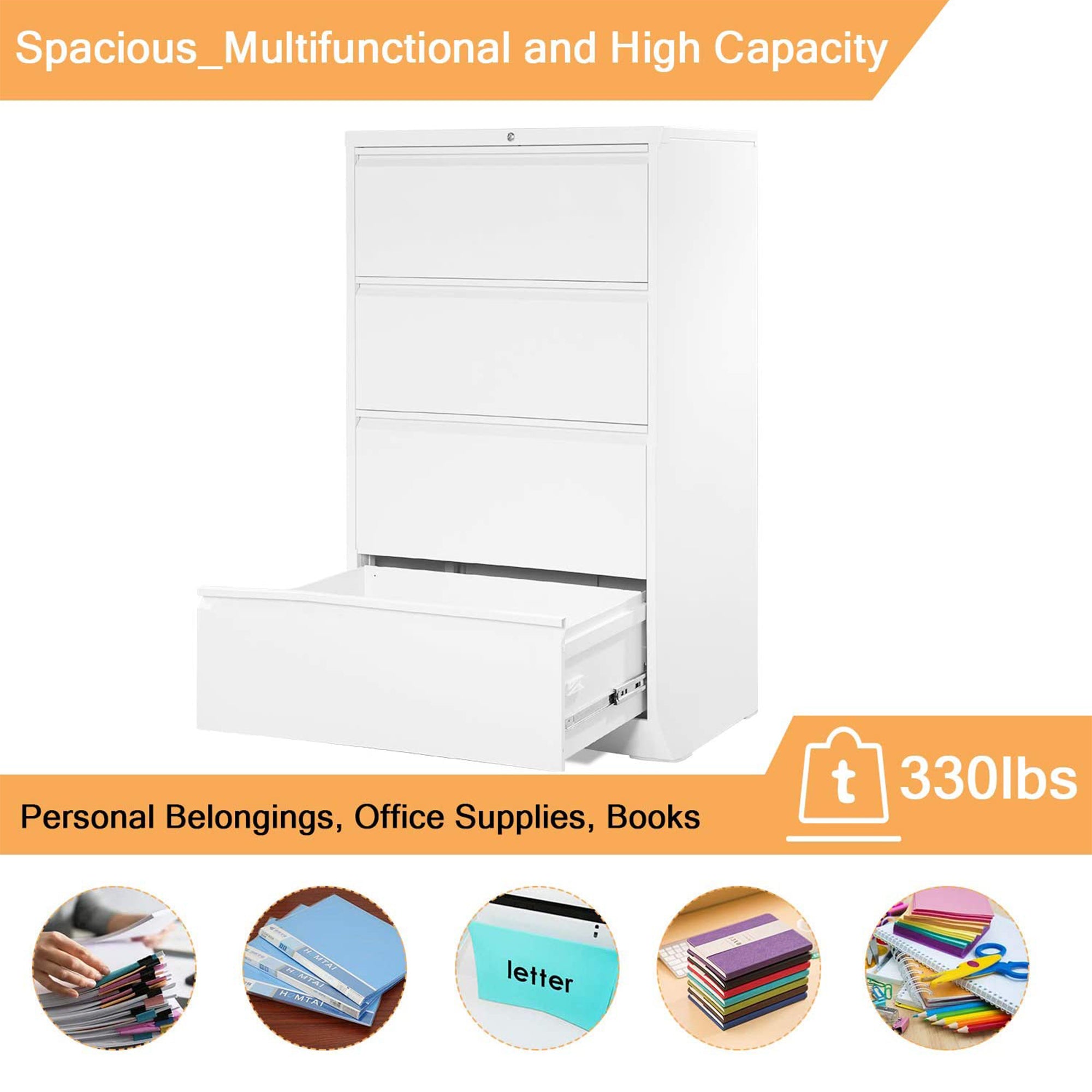 Aobabo 40 Inch Tall Locking 4 Drawer Metal Office Storage Filing Cabinet, White