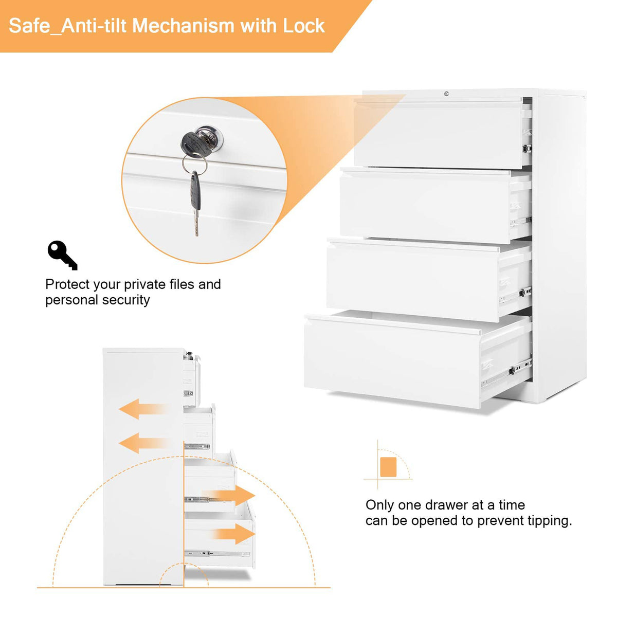 Aobabo 40 Inch Tall Locking 4 Drawer Metal Office Storage Filing Cabinet, White (Open Box)