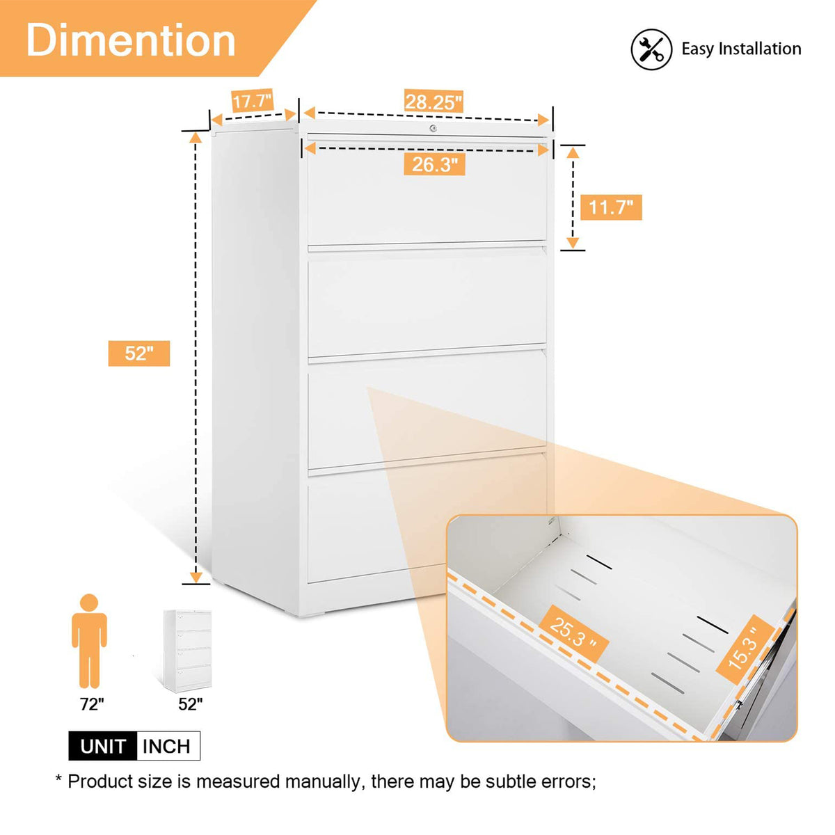 Aobabo 40 Inch Tall Locking 4 Drawer Metal Office Storage Filing Cabinet, White