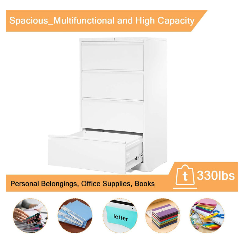 AOBABO 4 Drawer Lateral File Cabinet with Lock for Office and Home Use, White