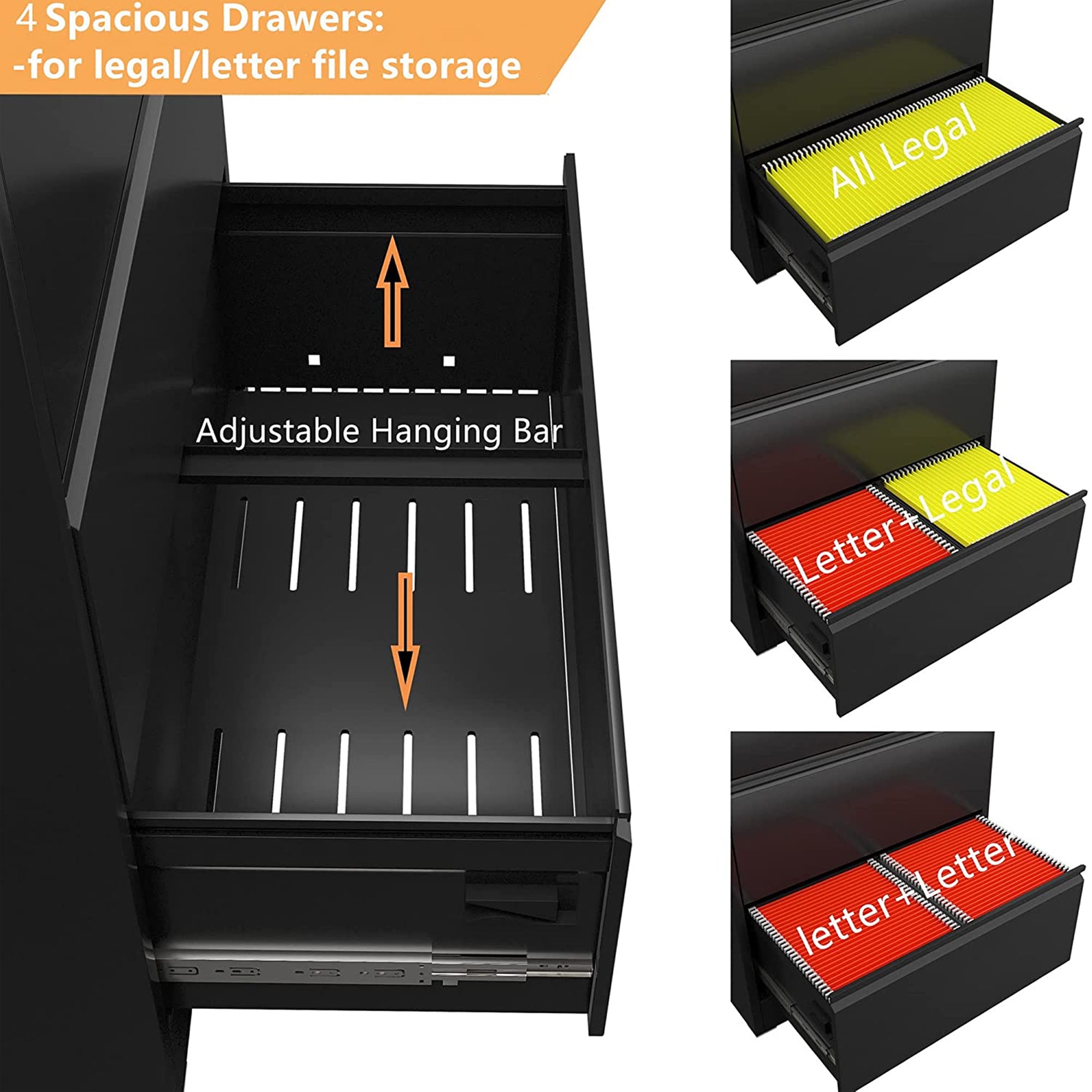 AOBABO 4 Drawer Lateral File Cabinet w/ Lock for Letter/Legal Size Paper, Black