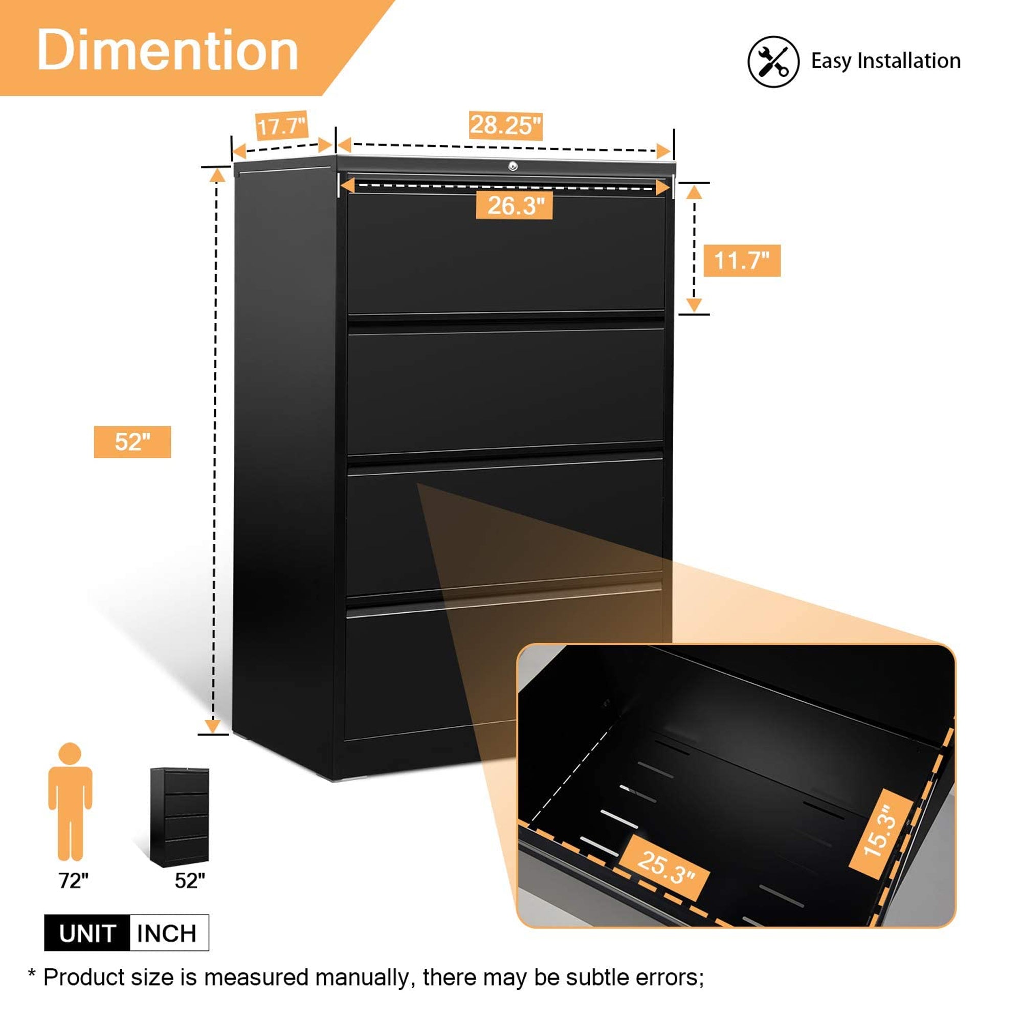 AOBABO 4 Drawer Lateral File Cabinet w/ Lock for Letter/Legal Size Paper, Black