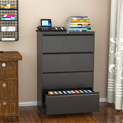 AOBABO 4 Drawer Lateral File Cabinet w/ Lock for Letter/Legal Size Paper, Black (Used)
