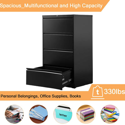 AOBABO 4 Drawer Home Office Lateral File Cabinet w/ Lock, Black (Open Box)