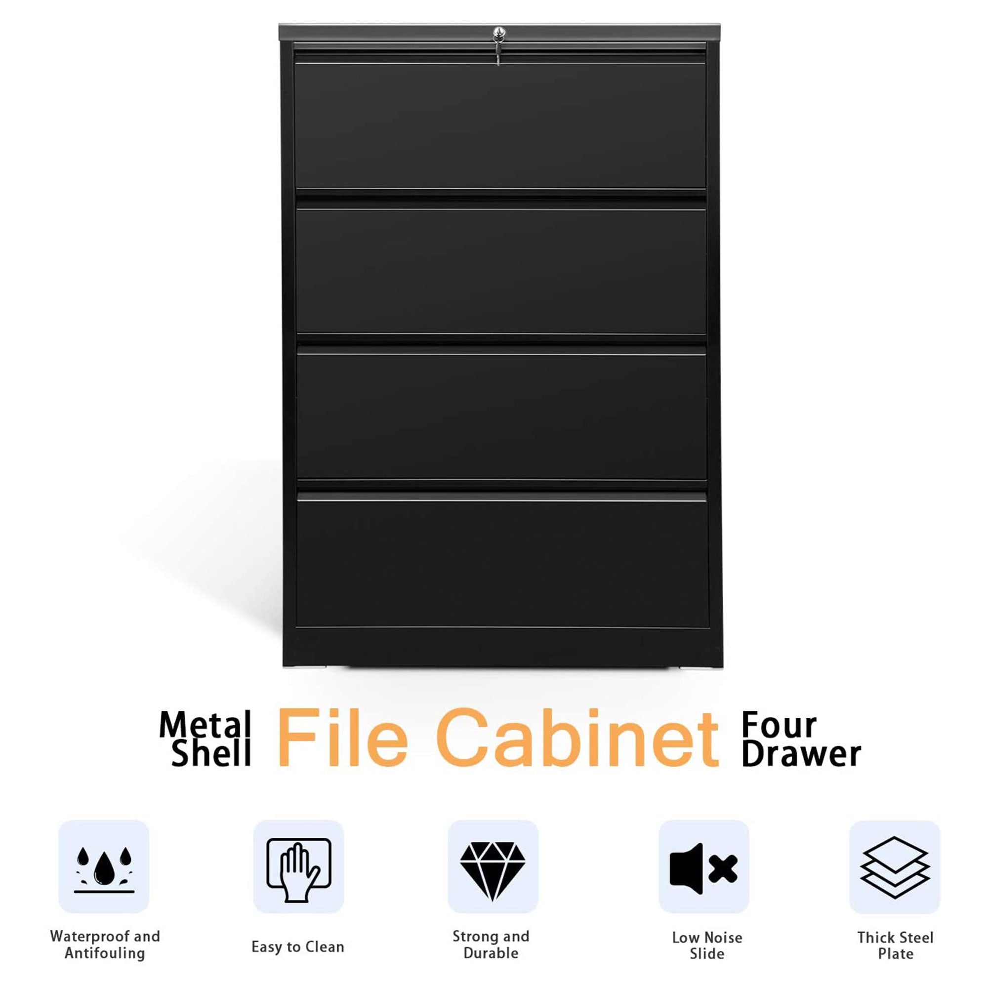 AOBABO 4 Drawer Home Office Lateral File Cabinet w/ Lock, Black (Open Box)