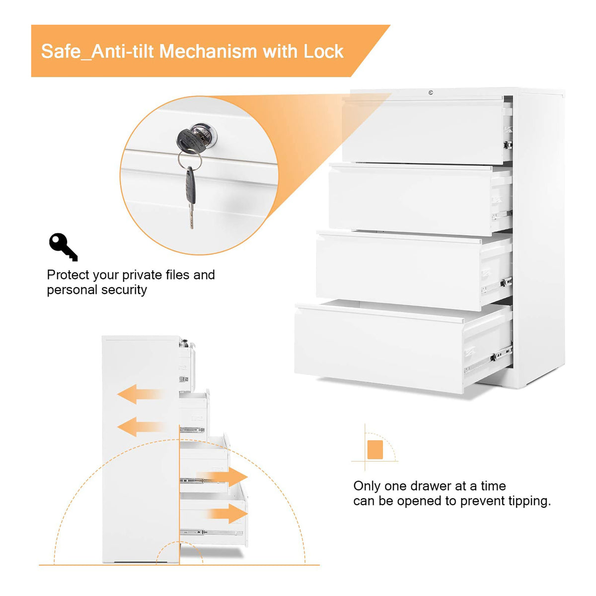 AOBABO 4 Drawer Lateral File Cabinet w/ Lock for Office & Home Use, White (Used)