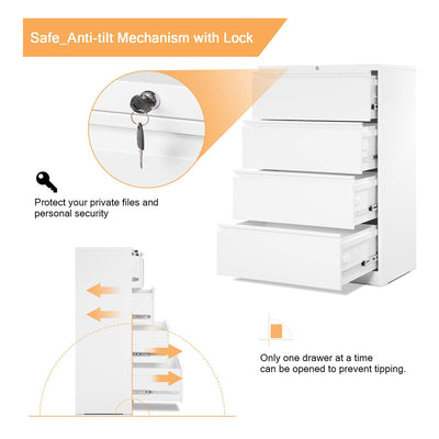 AOBABO 4 Drawer Lateral File Cabinet w/ Lock for Office & Home Use, White (Used)