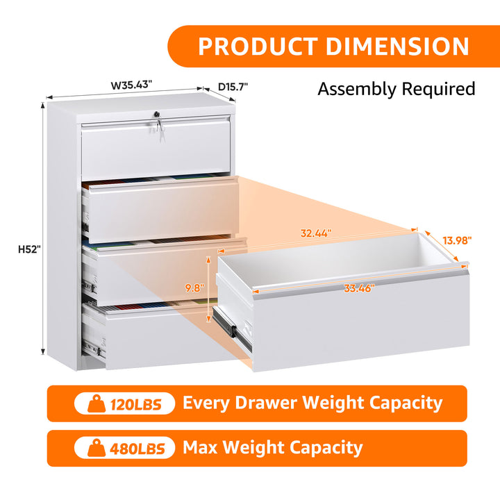 AOBABO 4 Drawer Lateral File Cabinet w/ Lock for Letter/Legal Size Paper, White