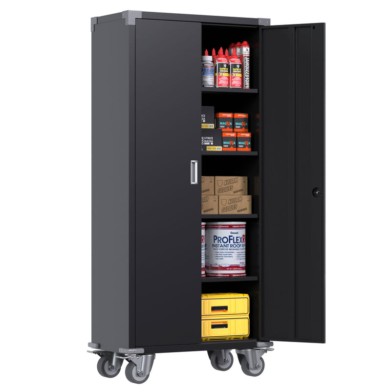 72 Inch Rolling Locking Storage Cabinet with Adjustable Shelves, Black (Used)