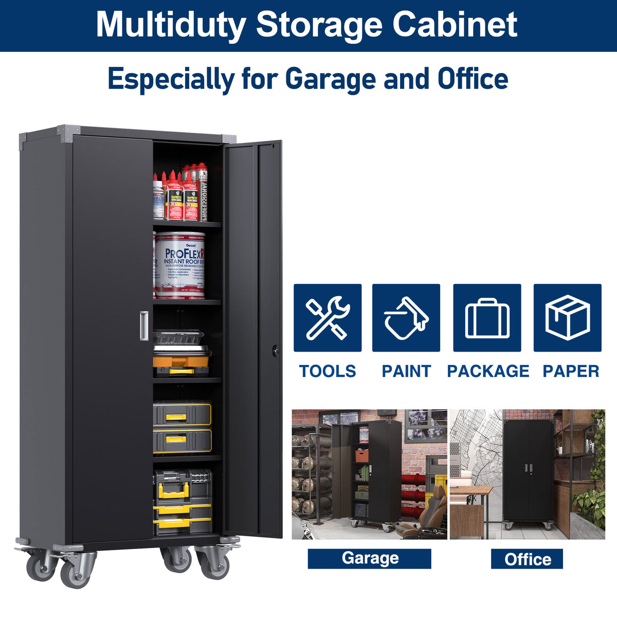 Aobabo 72 Inch Locking Storage Cabinet with Adjustable Shelves, Black (Open Box)
