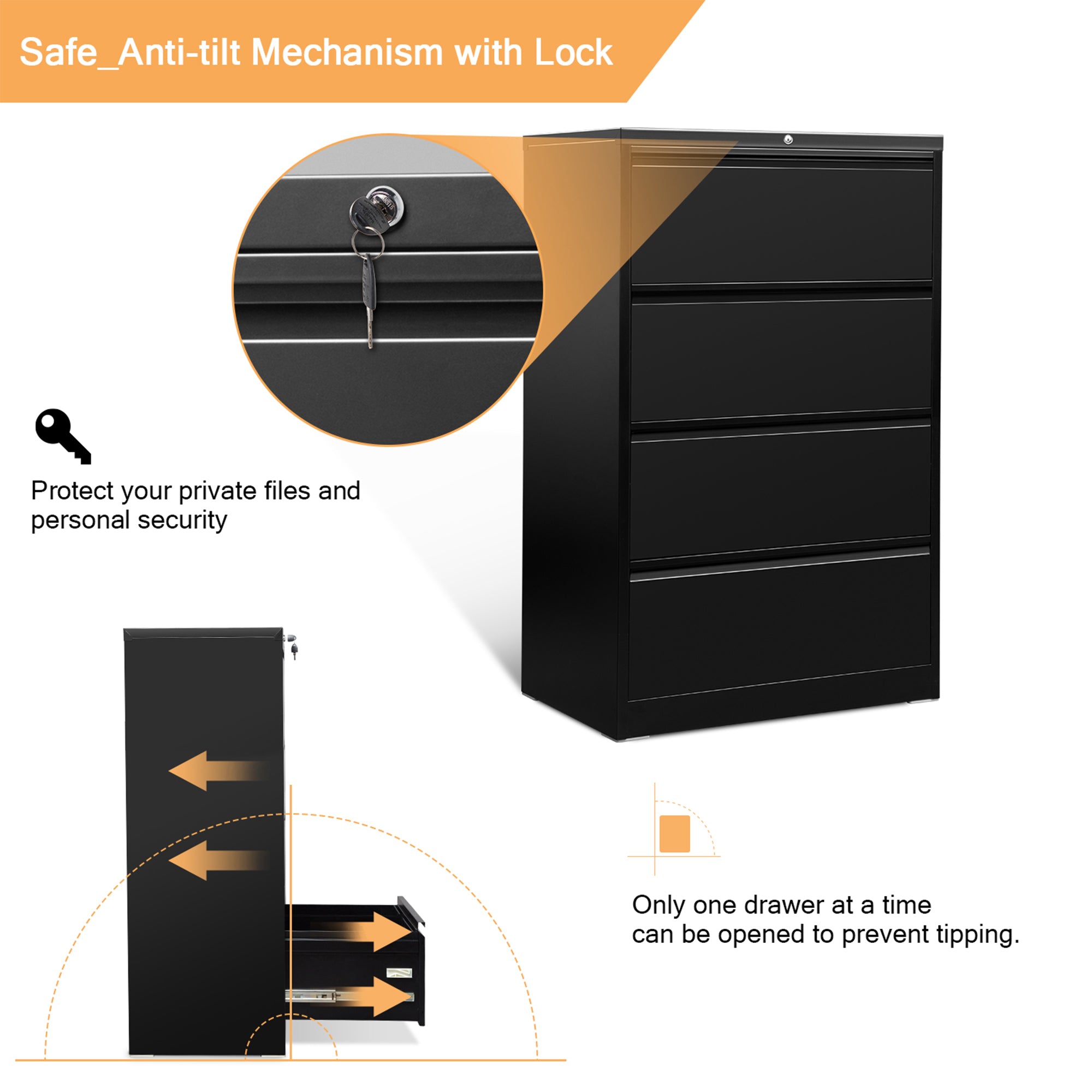 AOBABO 4 Drawer Lateral File Cabinet w/ Lock for Letter/Legal Size Paper, Black