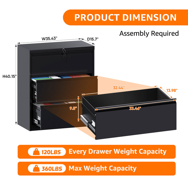 3 Drawer Lateral File Cabinet w/ Lock for Letter/Legal Paper, Black(Open Box) - VMInnovations