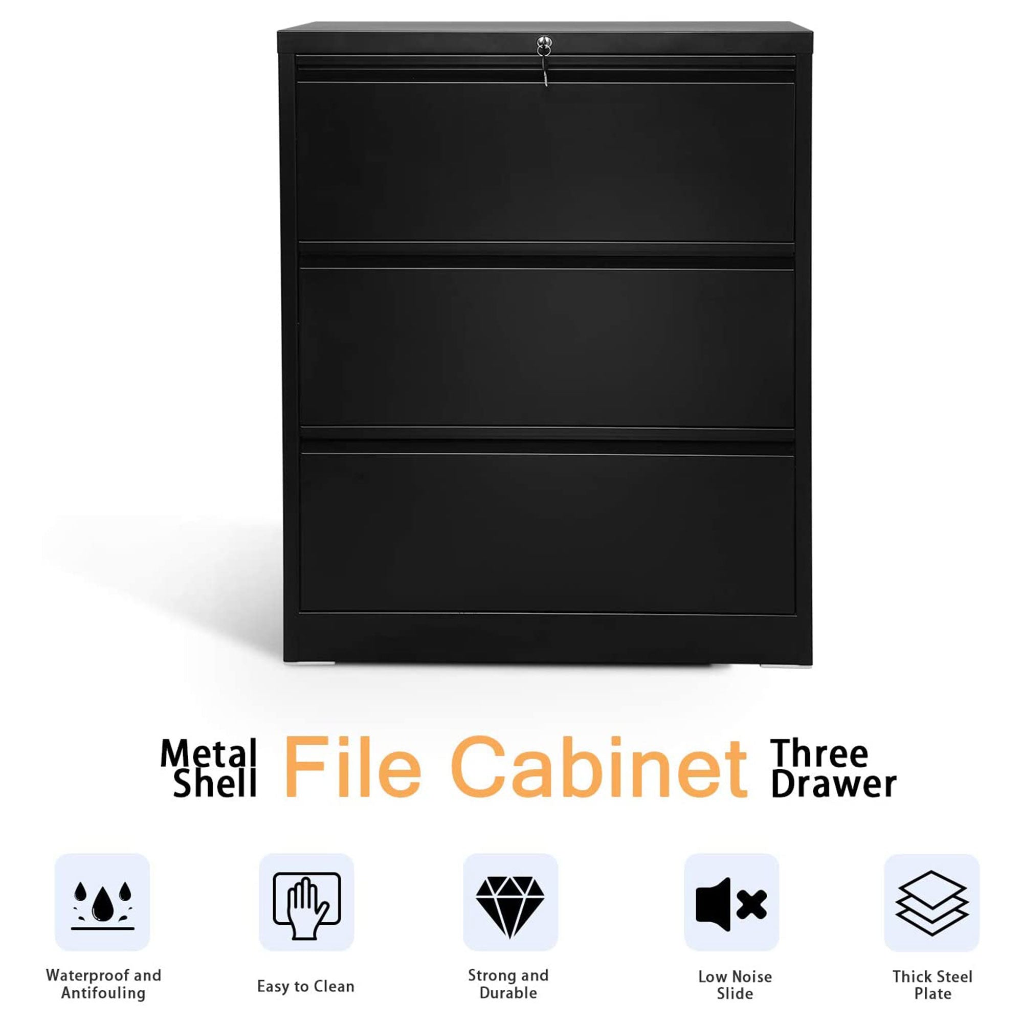AOBABO 3 Drawer Lateral File Cabinet w/ Lock for Letter/Legal Size Paper, Black - VMInnovations