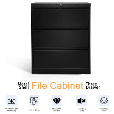AOBABO 3 Drawer Lateral File Cabinet w/ Lock for Letter/Legal Size Paper, Black - VMInnovations