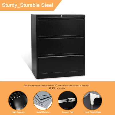AOBABO 3 Drawer File Cabinet w/ Lock for Letter/Legal Size Paper, Black (Used) - VMInnovations