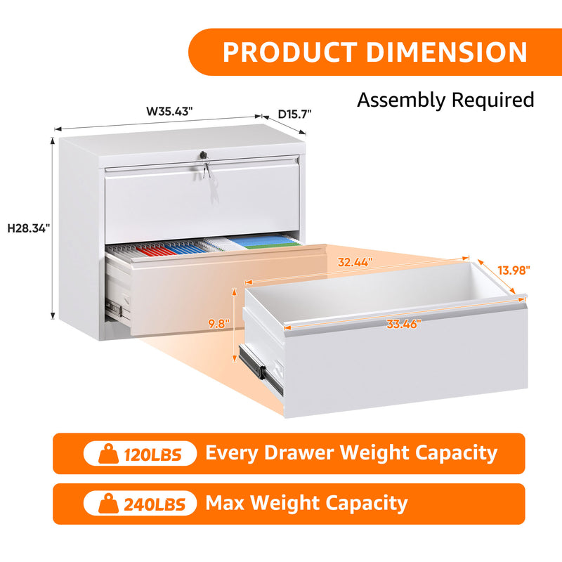 35.4 Inch Locking 2 Drawer Metal Office Storage Filing Cabinet (Open Box)