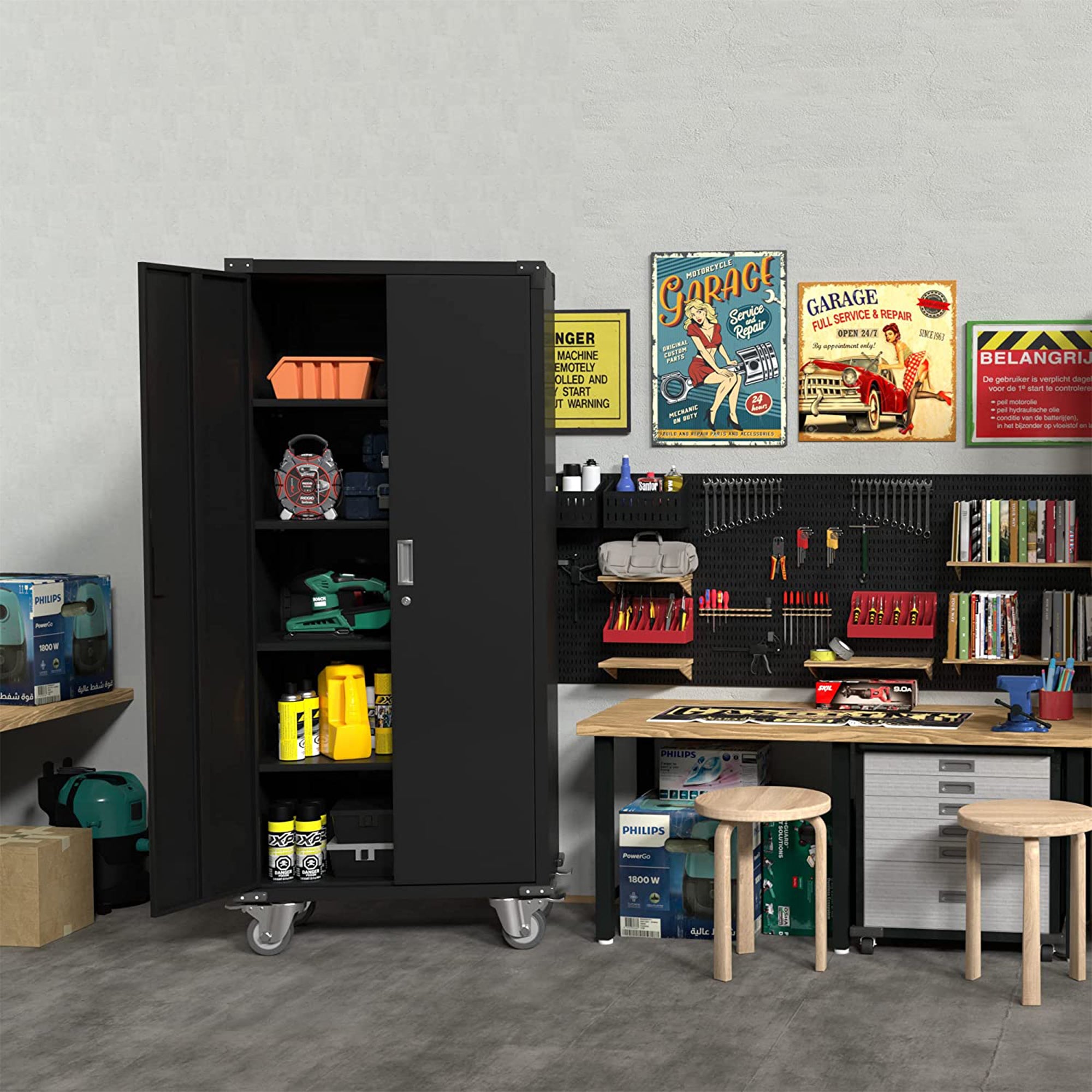 Aobabo 72 Inch Rolling Locking Storage Cabinet with Adjustable Shelves, Black