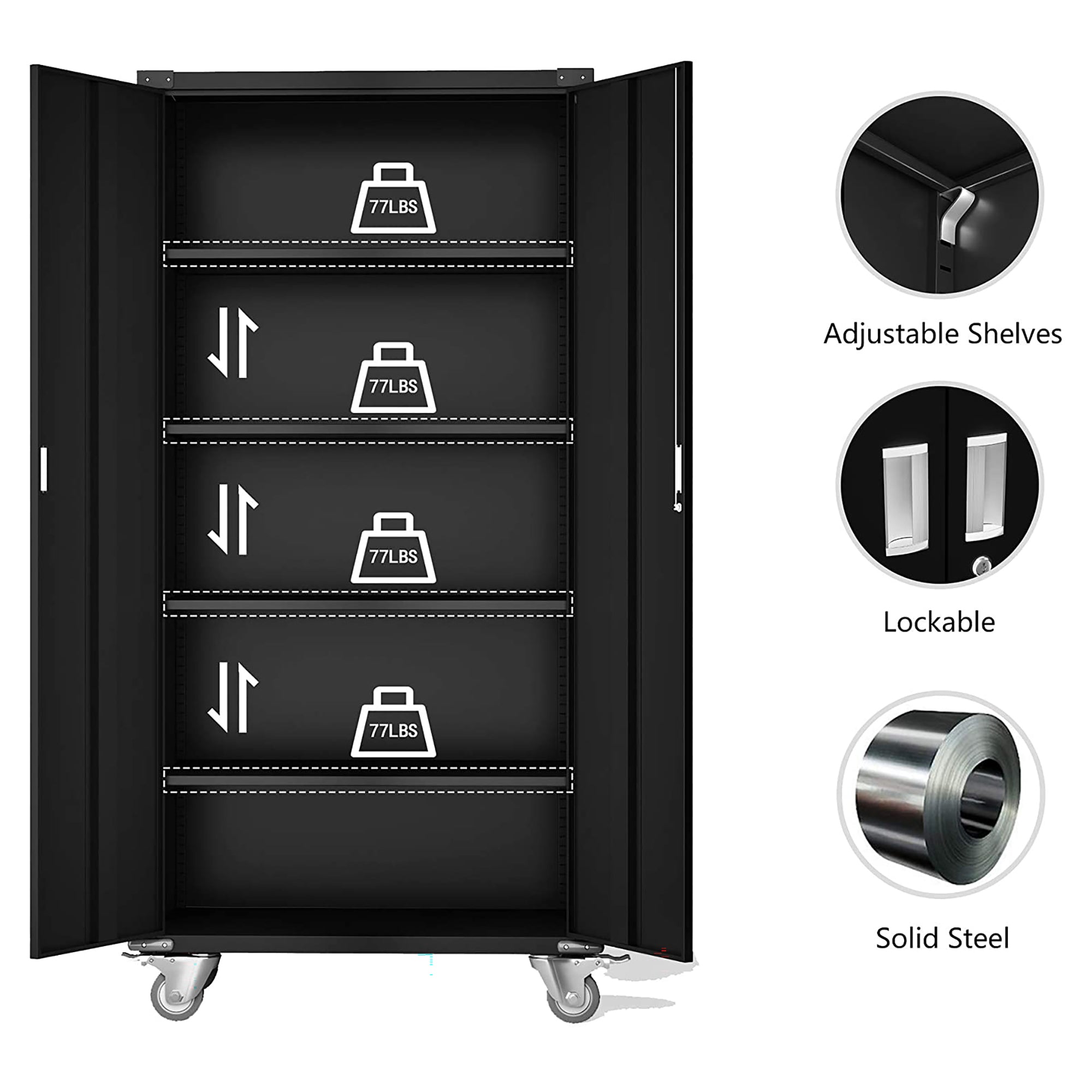 Aobabo 72 Inch Rolling Locking Storage Cabinet with Adjustable Shelves, Black