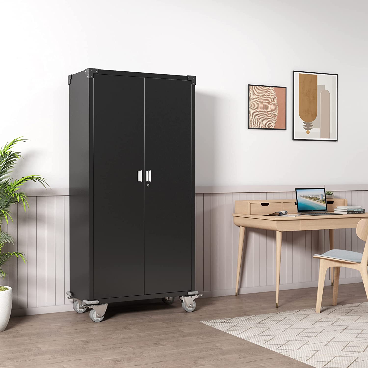 Aobabo 72 Inch Rolling Locking Storage Cabinet with Adjustable Shelves, Black