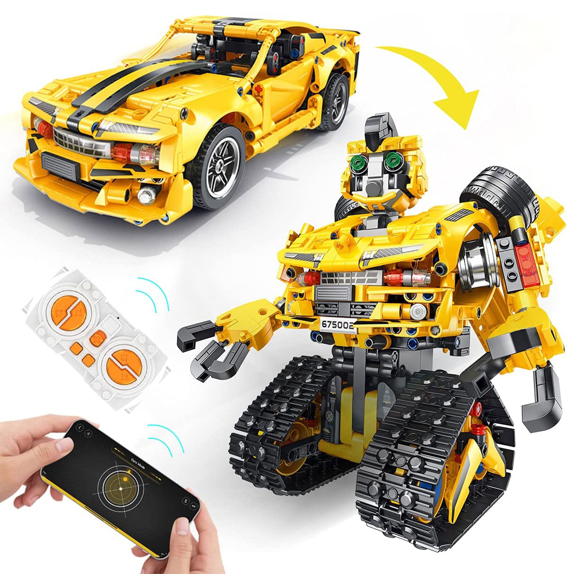 PANLOS 2 in 1 Programmable Remote Control Car Robot Buildable Playset, Yellow - VMInnovations