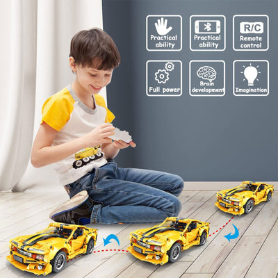 PANLOS 2 in 1 Programmable Remote Control Car Robot Buildable Playset, Yellow