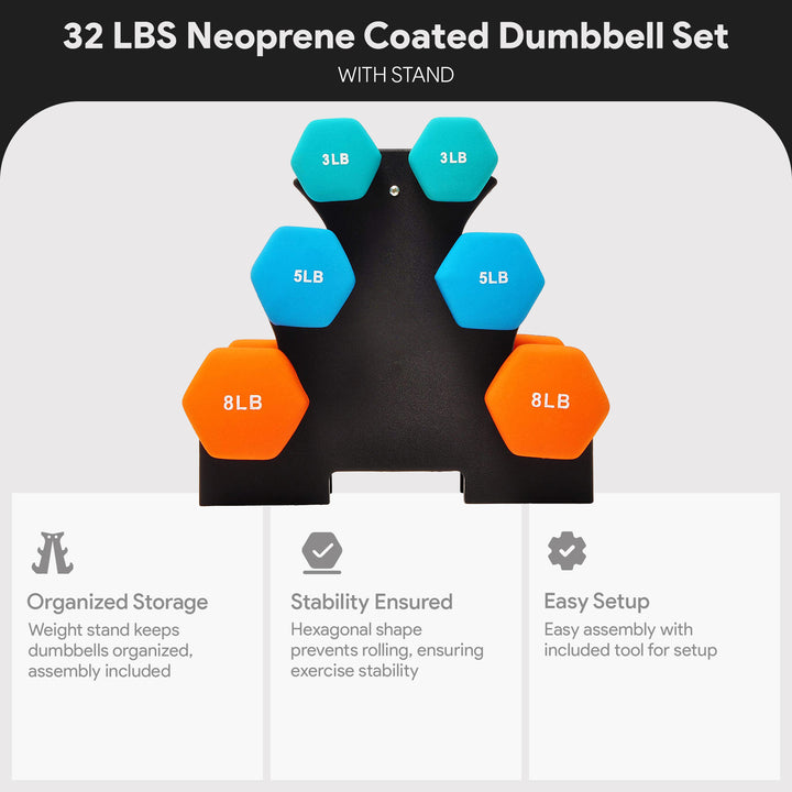 BalanceFrom Neoprene Dumbbells, 3 Pair Hand Weights Set with Stand, 32 Lb, Multi-Color - VMInnovations