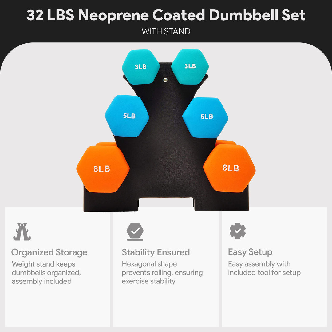 BalanceFrom Neoprene Dumbbells, 3 Pair Hand Weights Set with Stand, 32 Lb, Multi-Color - VMInnovations