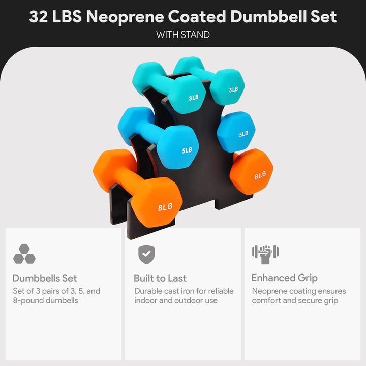 BalanceFrom Neoprene Dumbbells, 3 Pair Hand Weights Set with Stand, 32 Lb, Multi-Color - VMInnovations