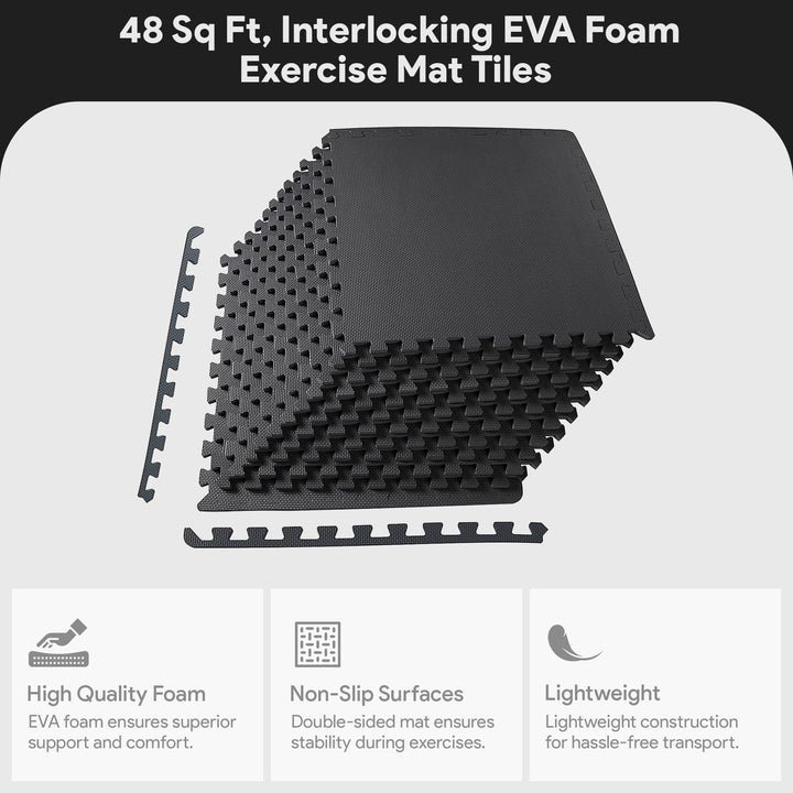 BalanceFrom Fitness 48 Sq Ft Interlocking EVA Foam Exercise Mat Tiles, Black