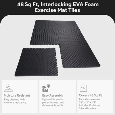 BalanceFrom Fitness 48 Sq Ft Interlocking EVA Foam Exercise Mat Tiles, Black - VMInnovations