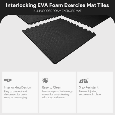 BalanceFrom Fitness 96 Sq Ft Interlocking EVA Foam Exercise Mat Tiles, Black - VMInnovations
