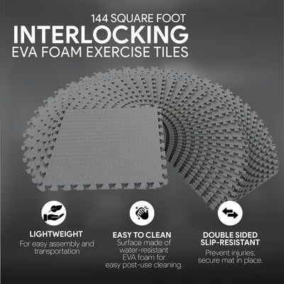 BalanceFrom Fitness 144 Sq Ft Interlocking EVA Foam Exercise Mat Tiles, Gray