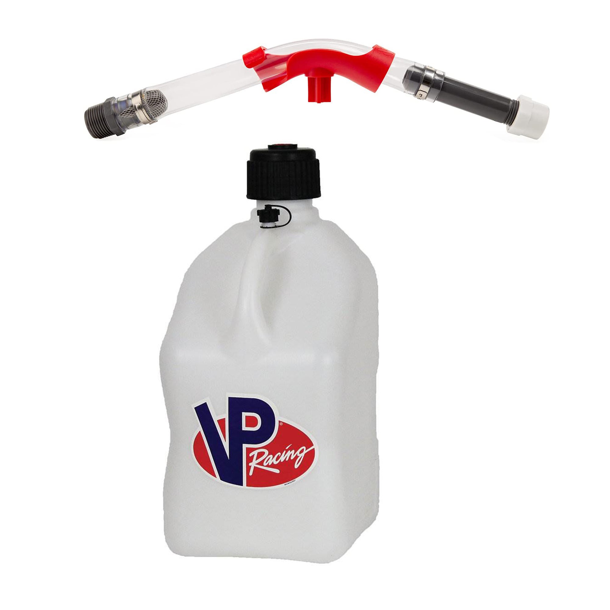 VP Racing Fuels 5 Gallon Utility Jug Can, White + 14 Inch Hose + Hose Bender