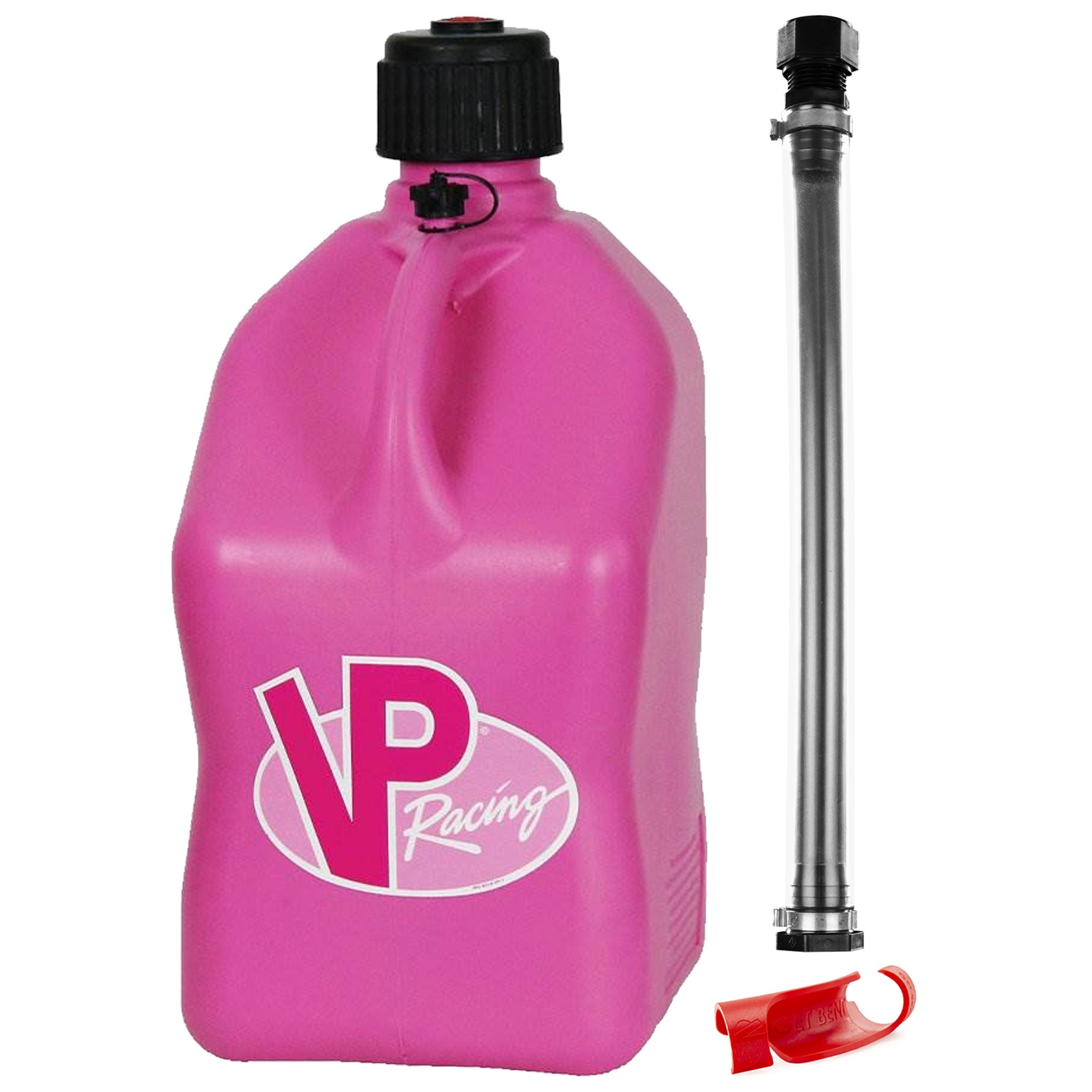 VP Racing Fuels 5 Gallon Utility Jug Can, Pink + 14 Inch Hose + Easy Hose Bender