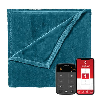 Sunbeam Velvet WiFi Connected Heated Blanket with Controller, Queen, Legion Blue