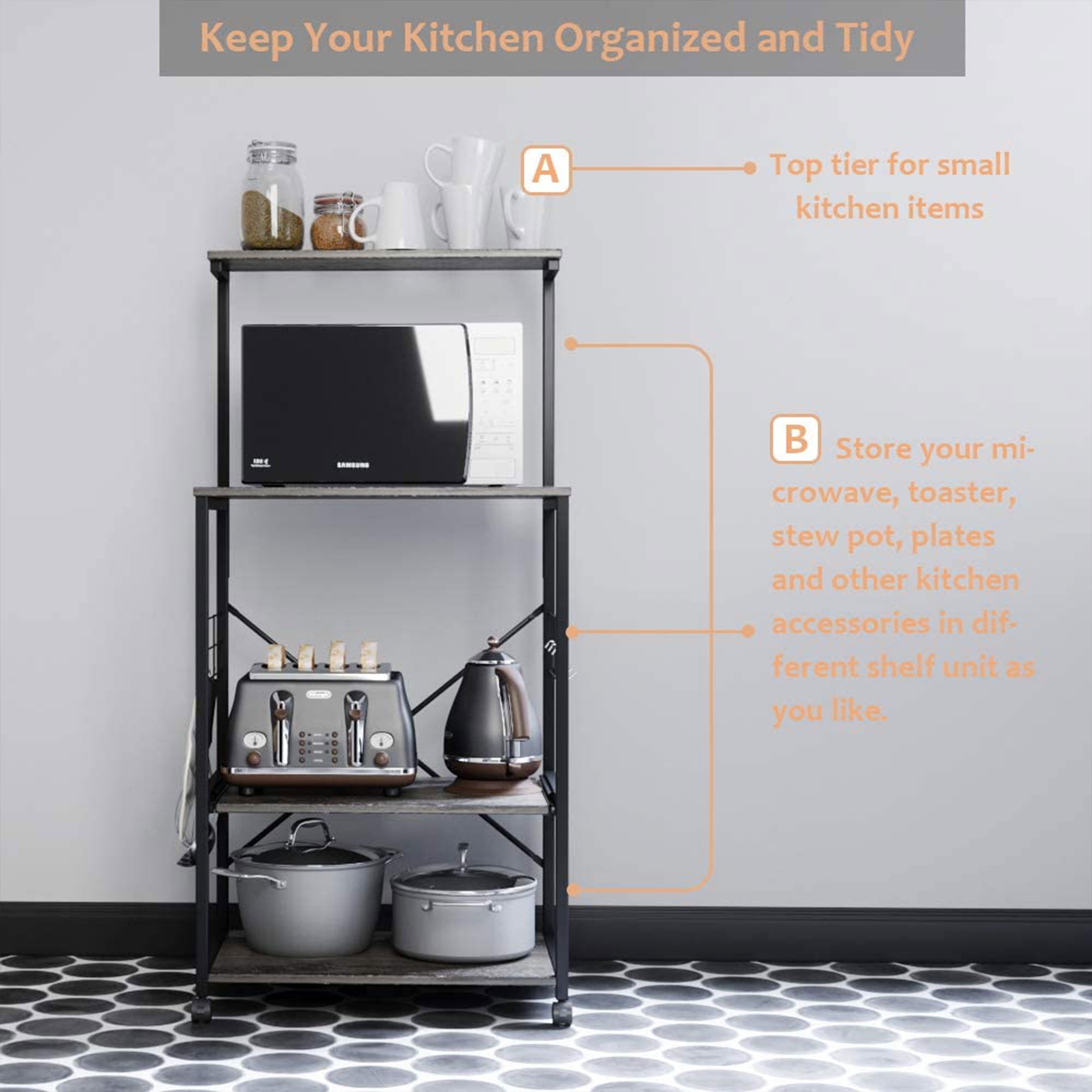 Bestier 4 Tier Kitchen Storage Baker's Rack Organizer Cart Stand, 49 Inch, Grey