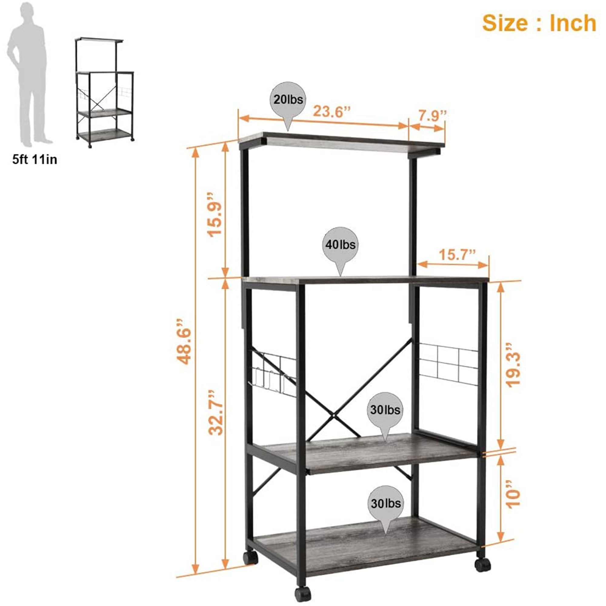 Bestier 4 Tier Kitchen Storage Baker's Rack Organizer Cart Stand, 49 Inch, Grey
