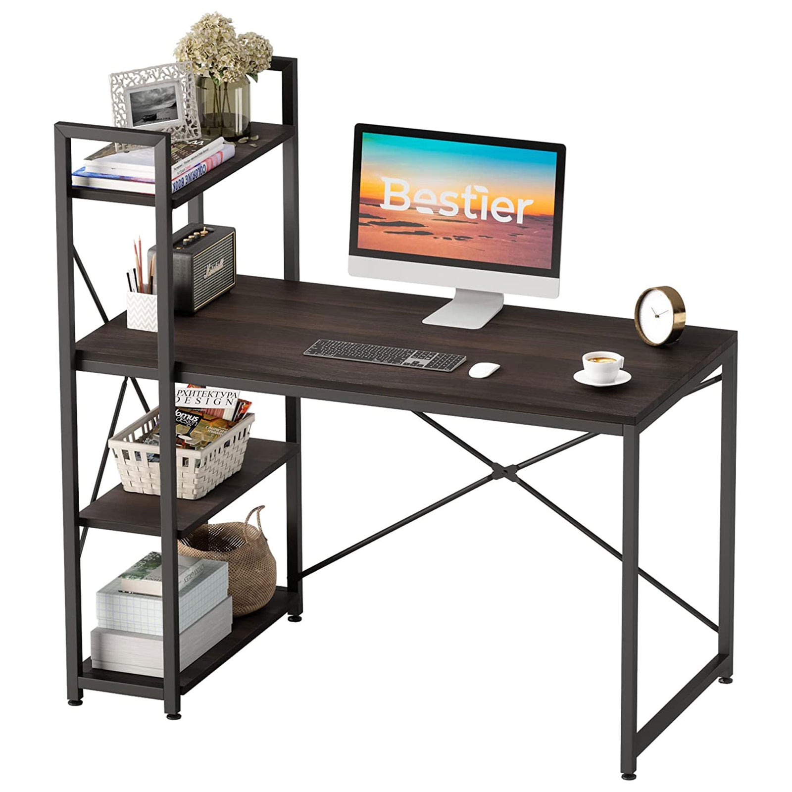 Bestier 47 Inch Computer Writing Desk w/ Storage Shelves for Small Spaces, Brown - VMInnovations